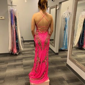 GORGEOUS Primavera formal dress, hot pink with gold accents.